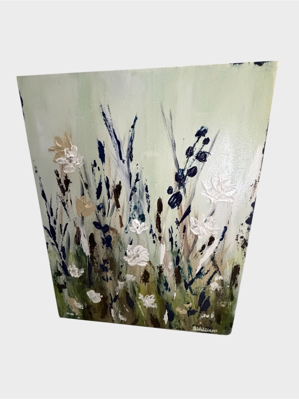 Original Acrylic Abstract Floral Canvas Wall Art in Green, Blue and White